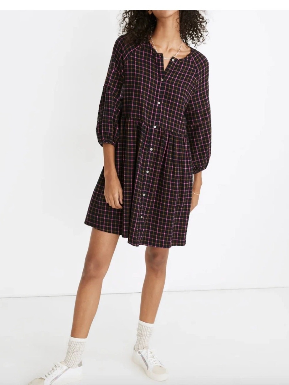 Madewell Plaid Flannel Shirt Dress Raglan Button Front Casual Oversized